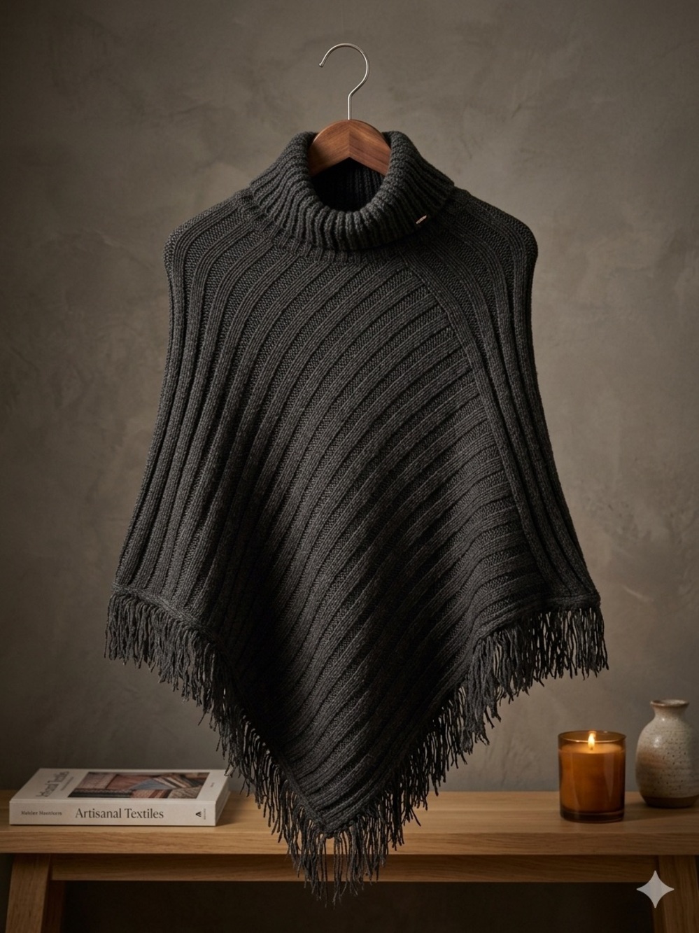 NWT Maurice's Studio Y Black Knit Turtleneck Poncho Cape Fringe L/XL